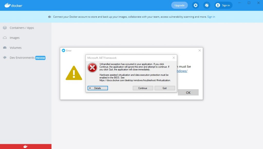 docker windows startup error message bios virtualization