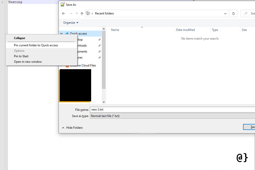 windows open save dialog recent folders